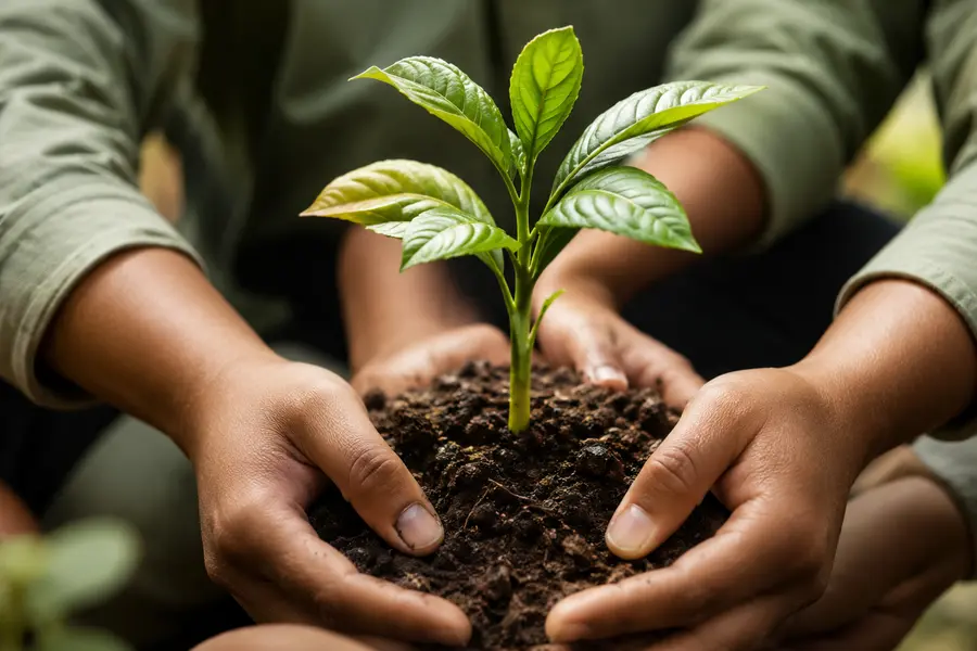 Hands planting a seedling