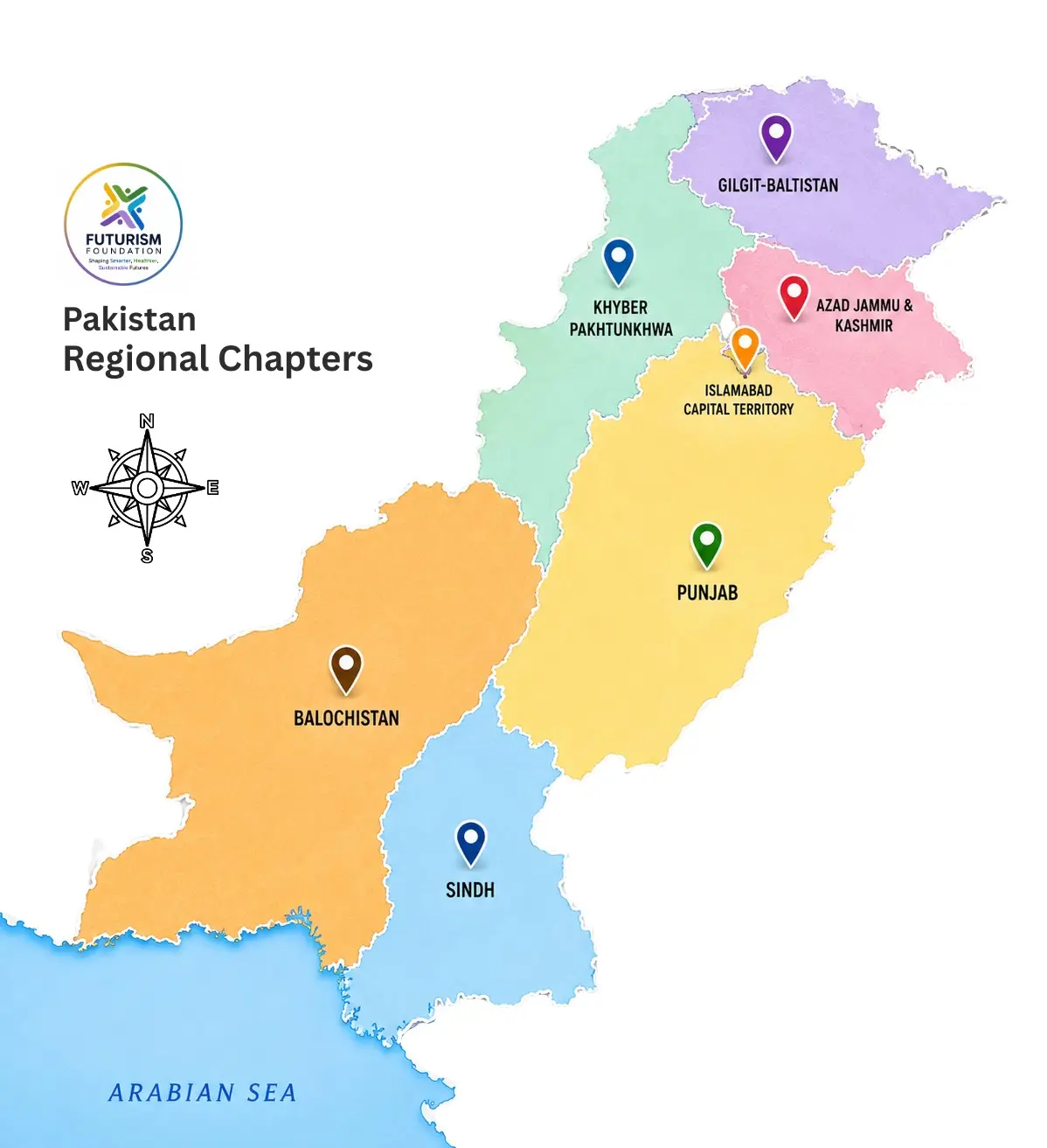 Futurism Foundation map of provincial and regional chapters across Pakistan