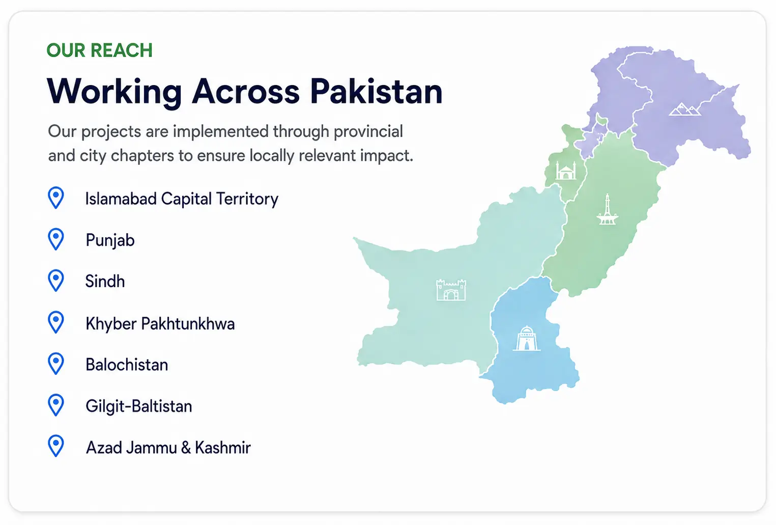 Map showing Futurism Foundation chapters across Pakistan